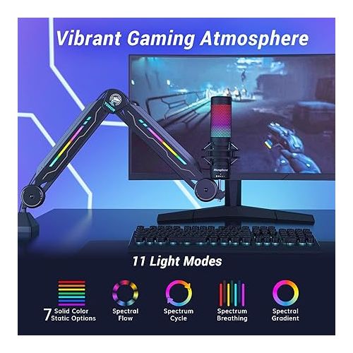  RGB Boom Arm, TONOR Adjustable Mic Stand with RGB Light for HyperX QuadCast/Blue Yeti/Shure SM7B/Rode NT1, Rotatable Suspension Boom Scissor Stand for Gaming Streaming Podcasting YouTube Recording T90