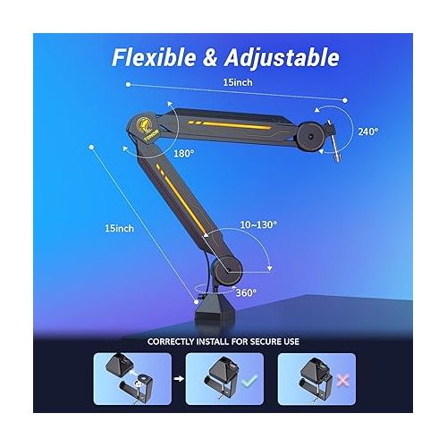  RGB Boom Arm, TONOR Adjustable Mic Stand with RGB Light for HyperX QuadCast/Blue Yeti/Shure SM7B/Rode NT1, Rotatable Suspension Boom Scissor Stand for Gaming Streaming Podcasting YouTube Recording T90