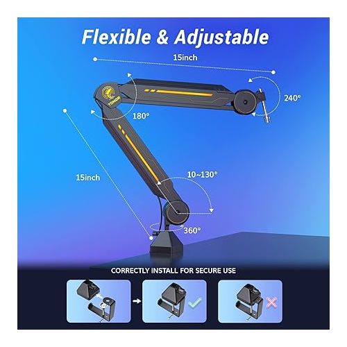  RGB Boom Arm, TONOR Adjustable Mic Stand with RGB Light for HyperX QuadCast/Blue Yeti/Shure SM7B/Rode NT1, Rotatable Suspension Boom Scissor Stand for Gaming Streaming Podcasting YouTube Recording T90