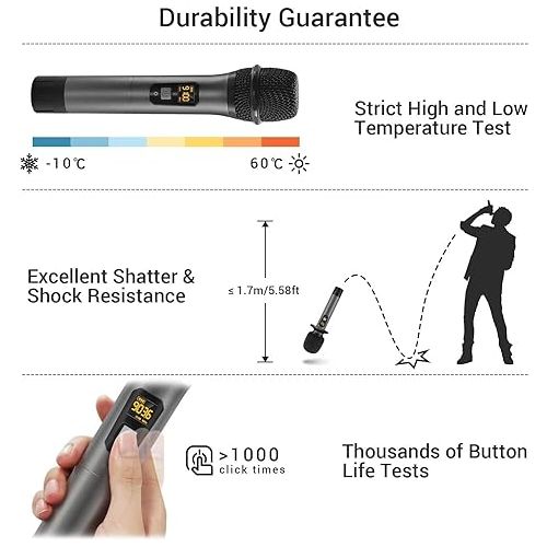  TONOR Wireless Microphone,Metal Dual Professional UHF Cordless Dynamic Mic Handheld Microphone System for Home Karaoke, Meeting, Party, Church, DJ, Wedding, Home KTV Set, 200ft(TW-820)