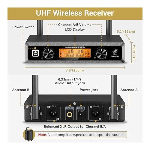  TONOR Wireless Microphone System, Professional Metal Cordless Karaoke Microphones, Handheld Dynamic Mic Set with Receiver for Party, Meeting, KTV, Church, DJ, Wedding, Singing, 200ft, TW820 Black