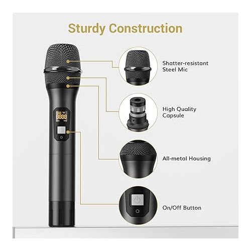  TONOR Wireless Microphone System, Professional Metal Cordless Karaoke Microphones, Handheld Dynamic Mic Set with Receiver for Party, Meeting, KTV, Church, DJ, Wedding, Singing, 200ft, TW820 Black