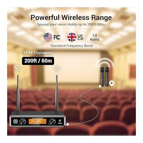  TONOR Wireless Microphone System, Professional Metal Cordless Karaoke Microphones, Handheld Dynamic Mic Set with Receiver for Party, Meeting, KTV, Church, DJ, Wedding, Singing, 200ft, TW820 Black