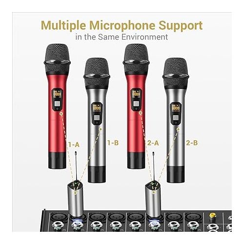  TONOR Wireless Microphone, Metal Cordless Mic with Rechargeable Receiver, 200ft Range UHF Handheld Dynamic Microfonos Inalambricos Professional for Karaoke Singing Party Wedding Church TW630 Grey&Red