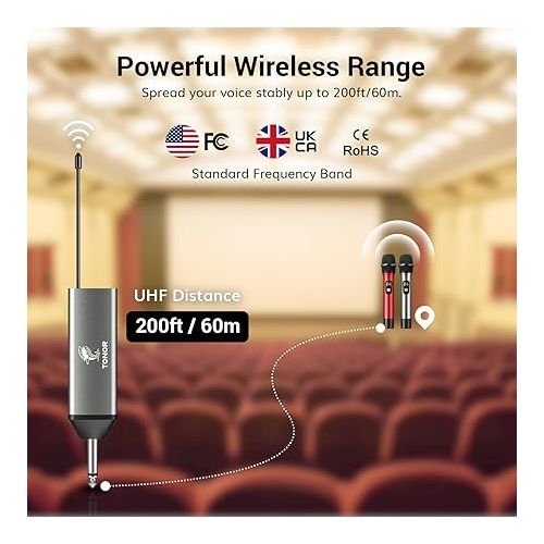  TONOR Wireless Microphone, Metal Cordless Mic with Rechargeable Receiver, 200ft Range UHF Handheld Dynamic Microfonos Inalambricos Professional for Karaoke Singing Party Wedding Church TW630 Grey&Red