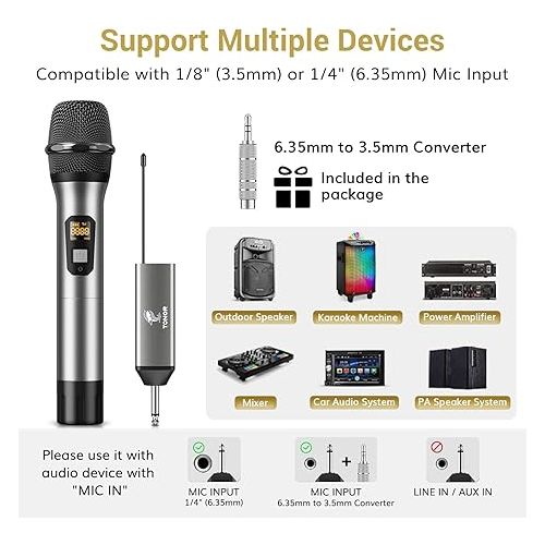  TONOR Wireless Microphone, UHF Metal Cordless Mic with Rechargeable Receiver, 6.35mm(1/4