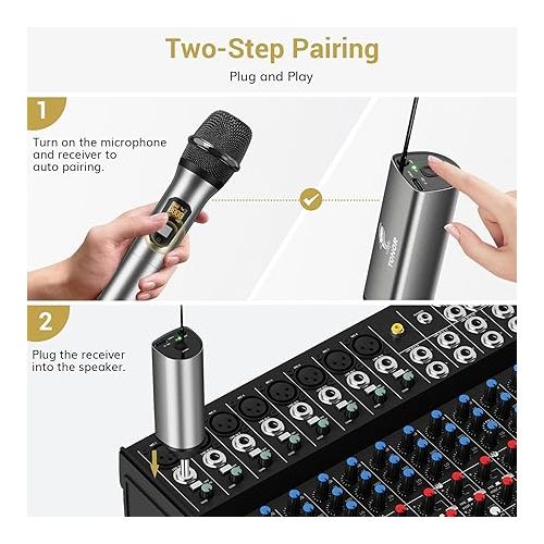  TONOR Wireless Microphone, UHF Metal Cordless Mic with Rechargeable Receiver, 6.35mm(1/4