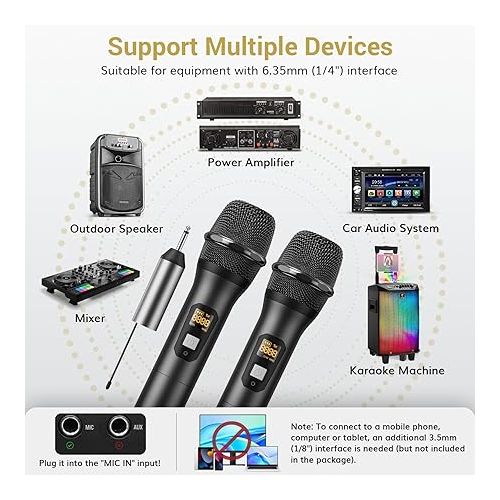  TONOR Wireless Microphones, UHF Metal Dual Cordless Dynamic Mic System with Rechargeable Receiver, Microfonos Inalambricos Professional for Karaoke Singing, Wedding, Speech, Church 200ft TW630 Black