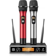 TONOR Wireless Microphone System, Professional Metal Cordless Karaoke Microphones, Handheld Dynamic Mic Set with Receiver for Home Party, Meeting, KTV, Church, DJ, Wedding, Singing, 200ft, TW820 Red