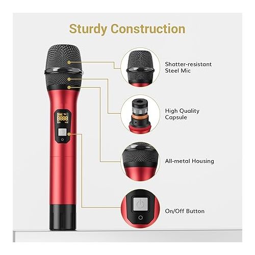  TONOR Wireless Microphone System, Professional Metal Cordless Karaoke Microphones, Handheld Dynamic Mic Set with Receiver for Home Party, Meeting, KTV, Church, DJ, Wedding, Singing, 200ft, TW820 Red