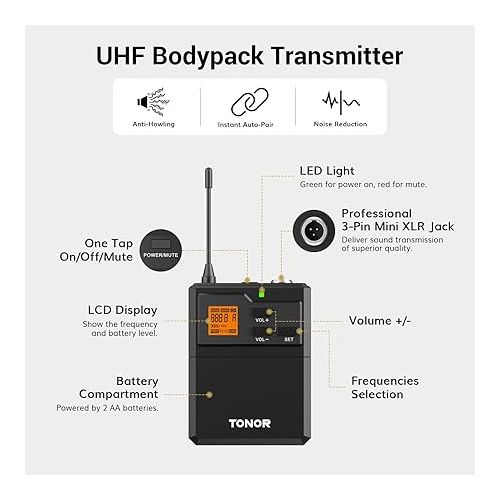  TONOR UHF Wireless Microphones System with Headset/Lavalier Lapel Mics, Bodypack Transmitter, Receiver, 2*15 Channels, 200ft Range for Live Singing Karaoke Church Party DJ PA Speaker Mixer Recording