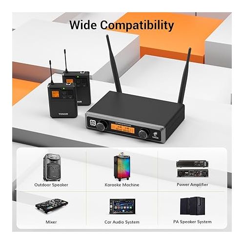  TONOR UHF Wireless Microphones System with Headset/Lavalier Lapel Mics, Bodypack Transmitter, Receiver, 2*15 Channels, 200ft Range for Live Singing Karaoke Church Party DJ PA Speaker Mixer Recording