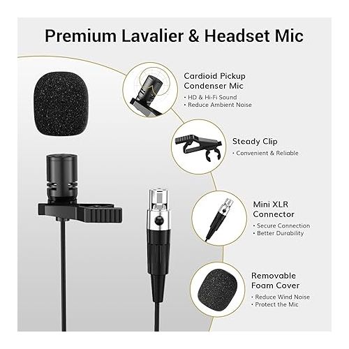  TONOR UHF Wireless Microphones System with Headset/Lavalier Lapel Mics, Bodypack Transmitter, Receiver, 2*15 Channels, 200ft Range for Live Singing Karaoke Church Party DJ PA Speaker Mixer Recording