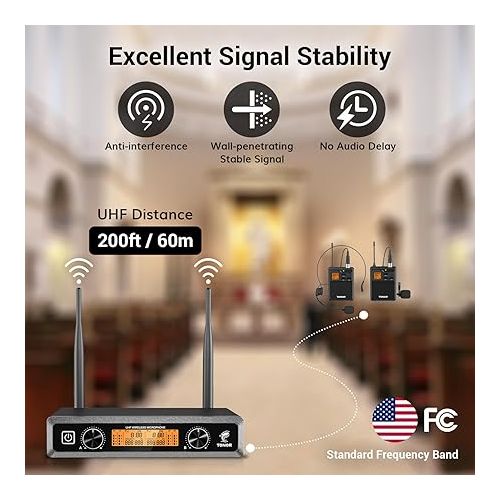  TONOR UHF Wireless Microphones System with Headset/Lavalier Lapel Mics, Bodypack Transmitter, Receiver, 2*15 Channels, 200ft Range for Live Singing Karaoke Church Party DJ PA Speaker Mixer Recording