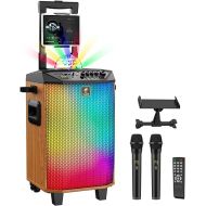 Karaoke Machine for Adults, TONOR Portable Bluetooth Speaker with 2 Wireless Microphones, Cordless Microfono Mics PA System, Disco Ball Ligts Party for Home, Tablet Lyrics Display Holder, Brown