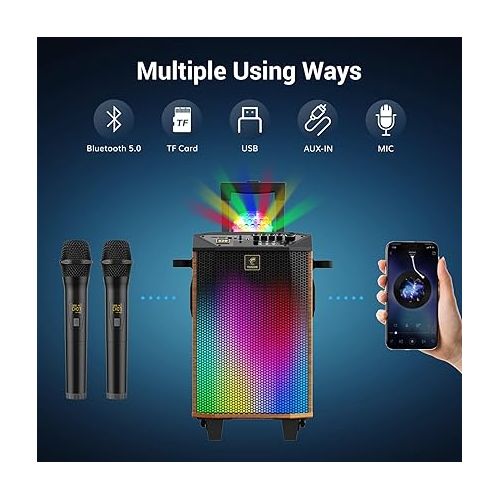  Karaoke Machine for Adults, TONOR Portable Bluetooth Speaker with 2 Wireless Microphones, Cordless Microfono Mics PA System, Disco Ball Ligts Party for Home, Tablet Lyrics Display Holder, Brown