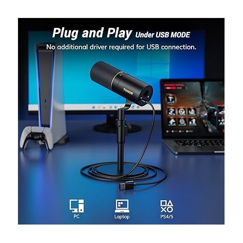  TONOR Dynamic Microphone, USB/XLR PC Computer Gaming Mic with Desktop Stand for Podcast Recording, Live Streaming, YouTube, Singing, Studio Microfono for Qick Mute Button with Headphones Jack, TD520