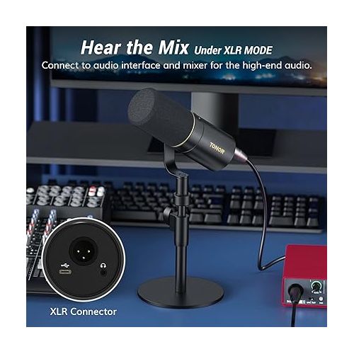  TONOR Dynamic Microphone, USB/XLR PC Computer Gaming Mic with Desktop Stand for Podcast Recording, Live Streaming, YouTube, Singing, Studio Microfono for Qick Mute Button with Headphones Jack, TD520