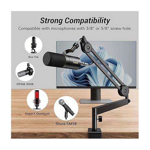  TONOR Microphone Boom Arm, Low Profile Mic Arm, Fully Adjustable Mic Stand with Desk Mount Clamp,Screw Adapter, Cable Management, for Streaming Gaming Podcast Studio Recording Home Office T40LP Black