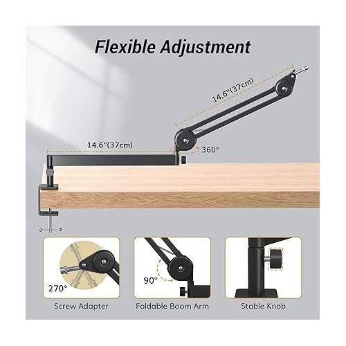  TONOR Microphone Boom Arm, Low Profile Mic Arm, Fully Adjustable Mic Stand with Desk Mount Clamp,Screw Adapter, Cable Management, for Streaming Gaming Podcast Studio Recording Home Office T40LP Black