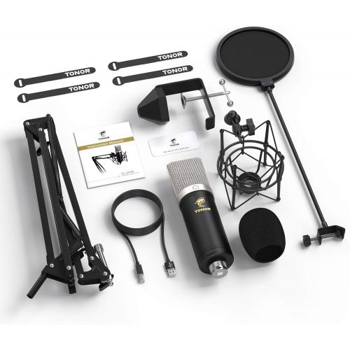  Condenser Microphone, TONOR USB Cardioid Computer Mic Kit with 24mm Diaphragm/Upgraded Boom Arm/Spider Shock Mount for Streaming, Recording, Gaming, Podcasting, Voice Over, YouTube