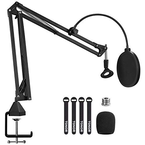  Microphone Arm Stand, TONOR Adjustable Suspension Boom Scissor Mic Stand with Pop Filter, 3/8 to 5/8 Adapter, Mic Clip, Upgraded Heavy Duty Clamp for Blue Yeti Nano Snowball Ice an