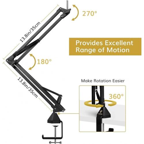  Microphone Arm Stand, TONOR Adjustable Suspension Boom Scissor Mic Stand with Pop Filter, 3/8 to 5/8 Adapter, Mic Clip, Upgraded Heavy Duty Clamp for Blue Yeti Nano Snowball Ice an