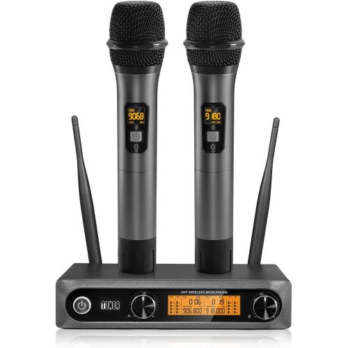  TONOR Wireless Microphone，Metal Dual Professional UHF Cordless Dynamic Mic Handheld Microphone System for Home Karaoke, Meeting, Party, Church, DJ, Wedding, Home KTV Set, 200ft(TW-