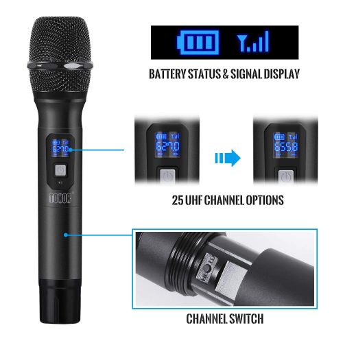  TONOR Wireless Microphone Metal Handheld System UHF 25 Channel with Mini Receiver 14 Output for PA SystemsStageChurchPartyKaraokeBusiness Meeting, Black