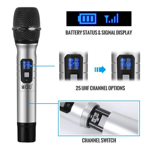  TONOR Wireless Microphone Handheld 25 Channel UHF with Portable Rechargeable Receiver 14 Output, for ChurchHomeKaraokeBusiness Meeting, Silver