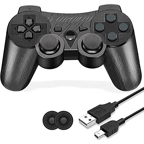  TONSUM PS-3 Controller Wireless, PS-3 Controller Gamepad Compatible with Play-Station 3, Double Vibration Controller with Charging Cable (Black Circuit Pattern)