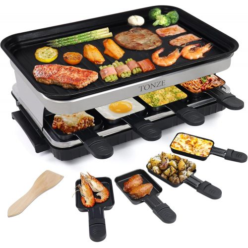  TONZE Indoor Grill Smokeless Korean BBQ Grill 2 IN 1 Griddle Electric Grill Raclette Table Grill Kitchen Appliances with 8 Mini Grill Cheese Pans Christmas Gift Removable Non-Stick Tempe