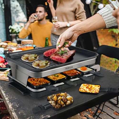  TONZE Indoor Grill Smokeless Korean BBQ Grill 2 IN 1 Griddle Electric Grill Raclette Table Grill Kitchen Appliances with 8 Mini Grill Cheese Pans Christmas Gift Removable Non-Stick Tempe