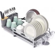 Toolf Dish Rack and Drainboard Set, Extend Large Dish Drying Rack with Swivel Spout for Kitchen Counter or Sink, Expandable Dish Drainer Rack with Utensil Holder and Cup Holder
