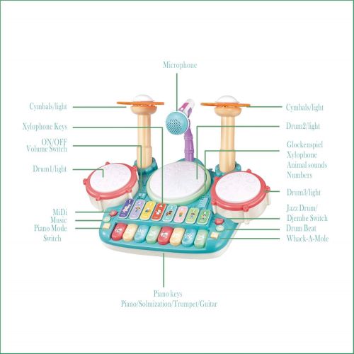  [아마존베스트]TOONEV Baby Musical Instruments Toys,Kids Drum Set Electronic Piano Keyboard and Xylophone 3 in 1 Multifunction Toddler Toys with Drum Sticks Microphone and Light Musical Toys Gift