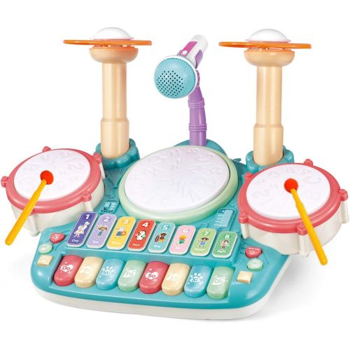  [아마존베스트]TOONEV Baby Musical Instruments Toys,Kids Drum Set Electronic Piano Keyboard and Xylophone 3 in 1 Multifunction Toddler Toys with Drum Sticks Microphone and Light Musical Toys Gift