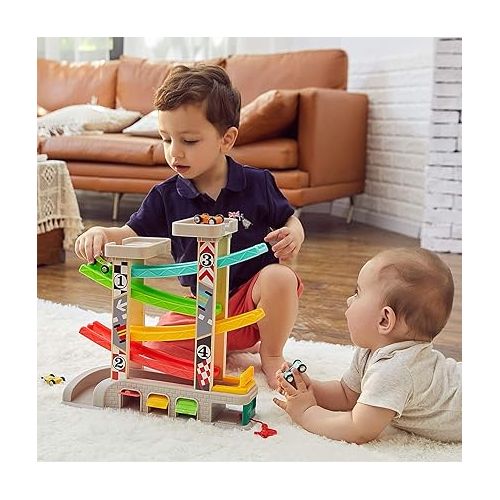  TOP BRIGHT Car Ramp Toy for 2 3 Year Old Boy Gifts, Toddler Race Track Toy for 18 Month Old with 4 Wooden Cars and 3 Car Garage