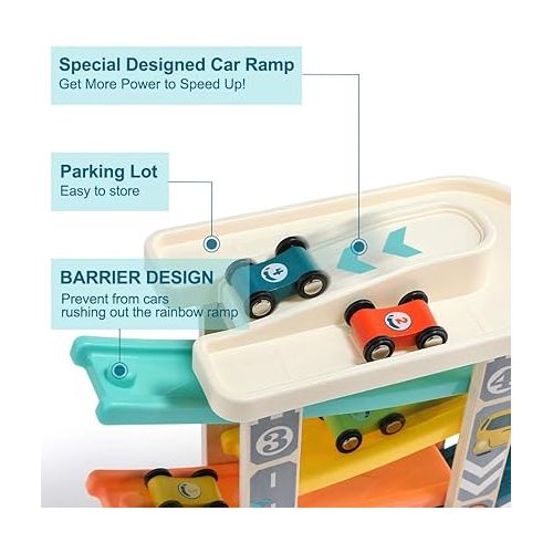  TOP Bright Toddler Wooden Race Track Car Ramp Toys for 1 2 Year Old Baby Motor Skills Race Tracks Car Ramp Vehicle Playsets with 4 Mini Cars and 1 Car Garage