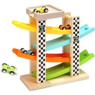 Toddler Toys for 1 2 Year Old Boy and Girl Gifts Wooden Race Track Car Ramp Racer with 4 Mini Car