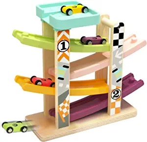 TOP BRIGHT Car Ramp Toy for 1 2 Year Old Boy Gift, Car Race Track for Toddlers 1-3 with 4 Wooden Cars, Toddler Car Ramp Racer Montessori Toys