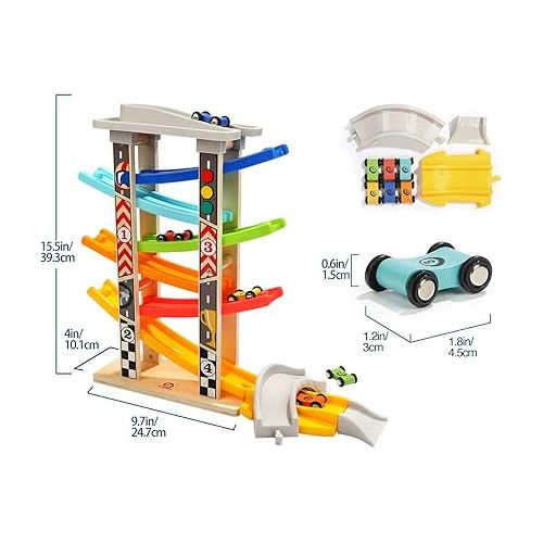  TOP BRIGHT Wooden Car Ramp Toddler Toys for 1 2 Year Old Boy Race Track, Race Car Ramp for One Two Year Old with 6 Mini Cars