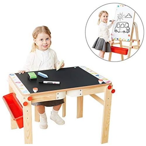  [아마존베스트]TOP BRIGHT Wooden Art Easel for Kids Art Table with Storage,Desk Kids Easel with Magnetic Chalkboard & White Board