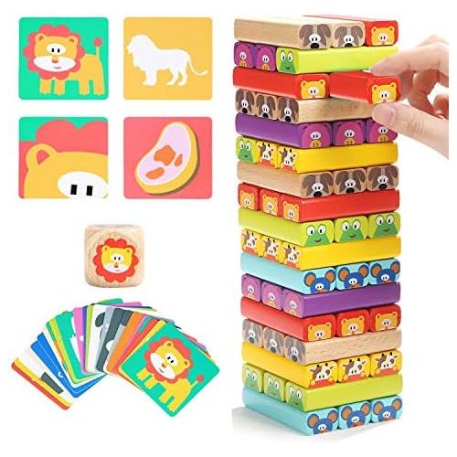  [아마존베스트]TOP BRIGHT Colored Wooden Blocks Stacking Board Games for Kids Ages 4-8 with 51 Pieces