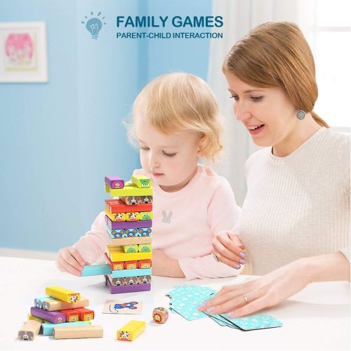  [아마존베스트]TOP BRIGHT Colored Wooden Blocks Stacking Board Games for Kids Ages 4-8 with 51 Pieces