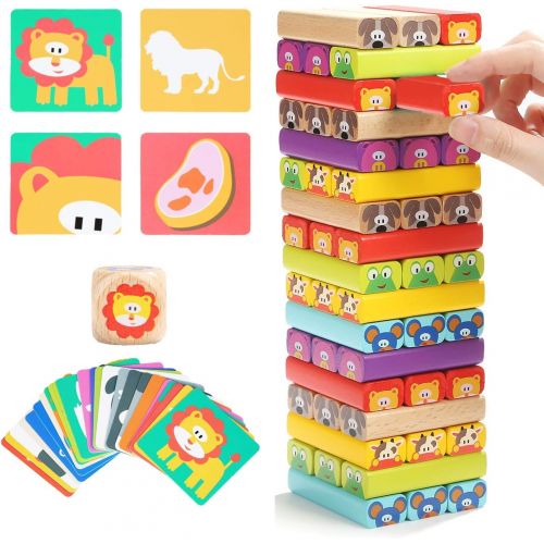  [아마존베스트]TOP BRIGHT Colored Wooden Blocks Stacking Board Games for Kids Ages 4-8 with 51 Pieces