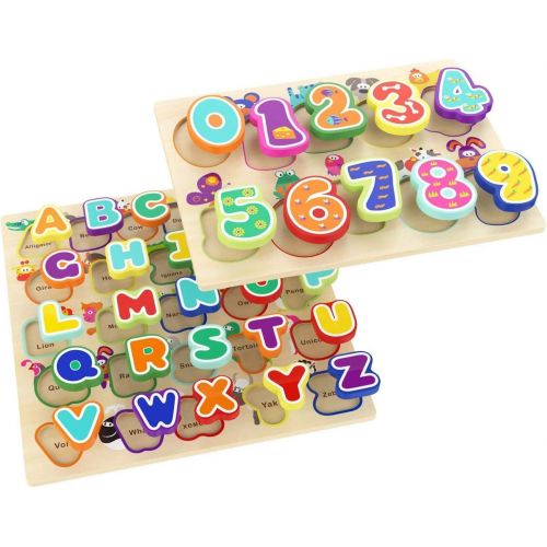  [아마존베스트]TOP BRIGHT Educational Toys for 1 Year Old Girl Boy Gifts Wooden Alphabet Puzzles for Toddlers (Pack of 2)