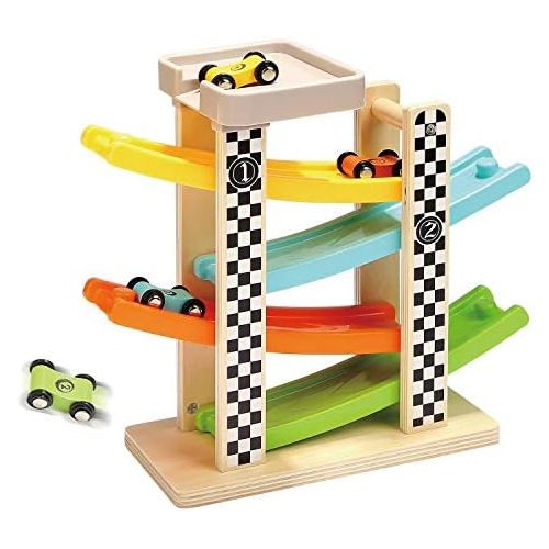  [아마존베스트]TOP BRIGHT Toddler Toys For 1 2 Year Old Boy And Girl Gifts Wooden Race Track Car Ramp Racer With 4 Mini Cars