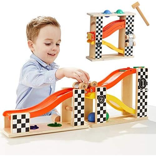  [아마존베스트]TOP BRIGHT Toddler Wooden Toys for 1 2 Year Old Boy Gifts Car Ramp Racer, Hammer Ball Pound and roll Tower Toy for 18 Month and up