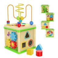 TOP BRIGHT Wooden Activity Cube Toys for 1 2 Year Old Boy Gril, One Year Old First Birthday Gift Ideas, Baby Toy 12 Months with Bead Maze Shape Sorter