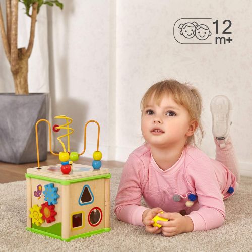  TOP BRIGHT Wooden Activity Cube Toys for 1 2 Year Old Boy Gril, One Year Old First Birthday Gift Ideas, Baby Toy 12 Months with Bead Maze Shape Sorter